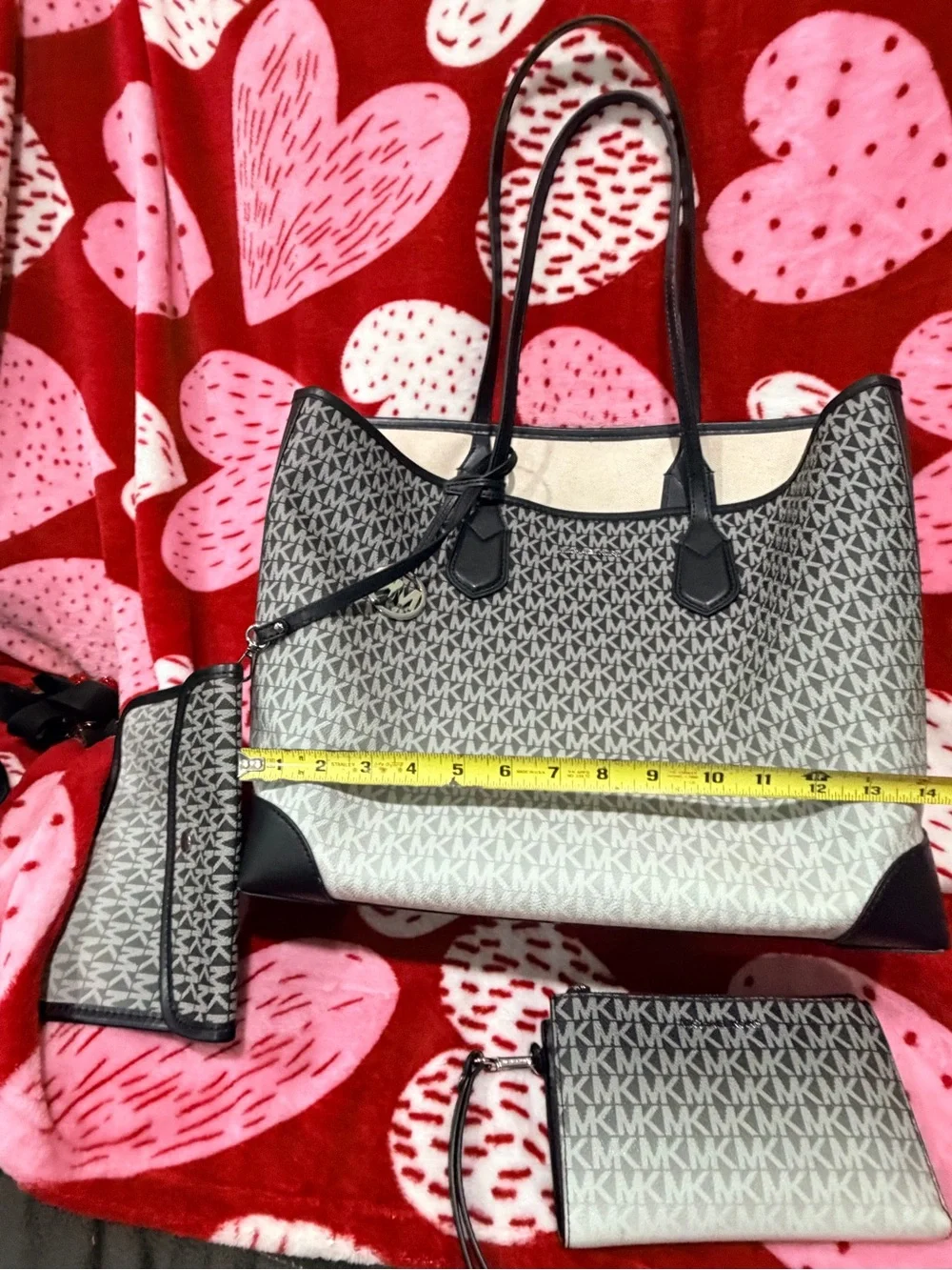 Michael Kors Black and Gray MK Signature Tote with Wristlet and Wallet Set